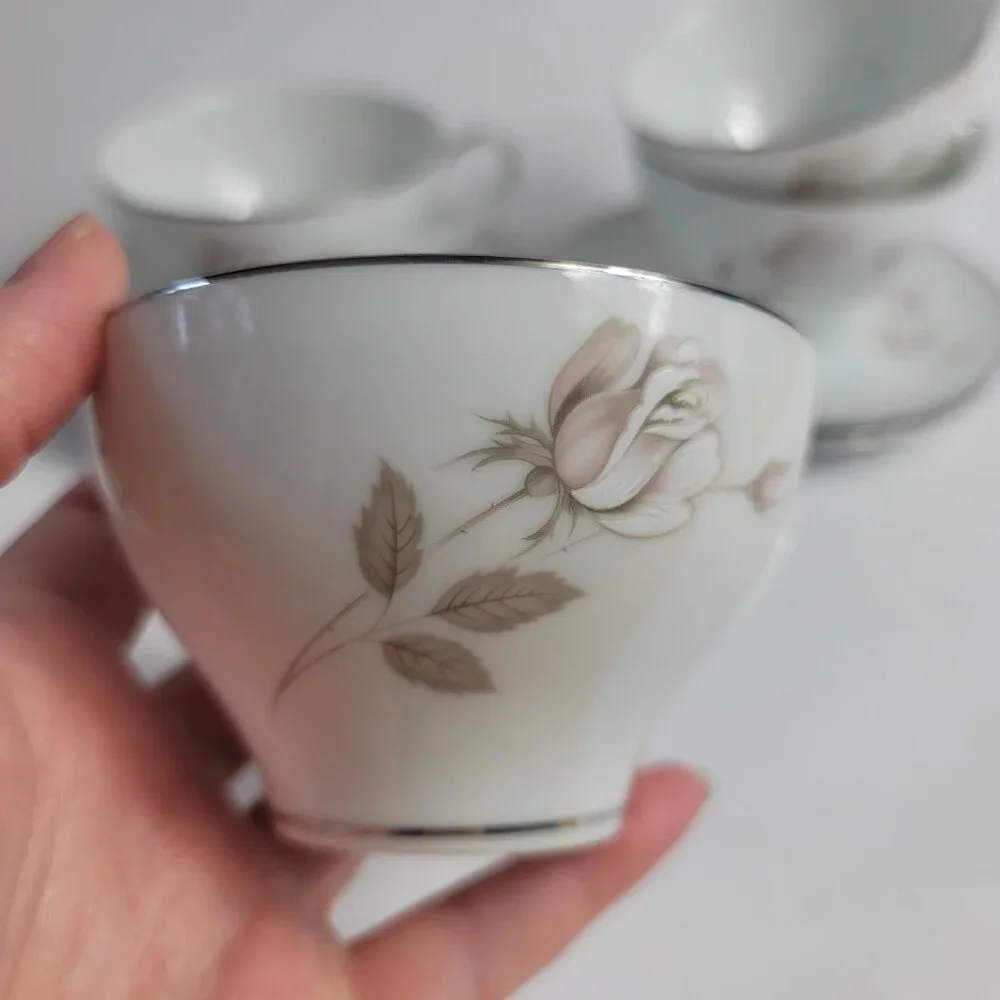 FOUR Noritake Sweet Talk Cup & Saucers Sets White with Pink & White Roses